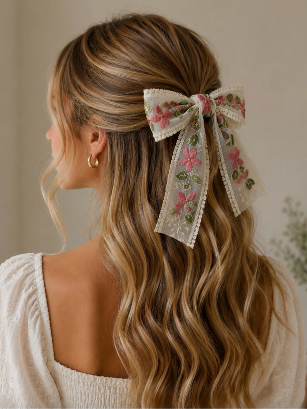 Lace Hair Bow Floral Embroidered  - Dusty Rose Pink on Cream